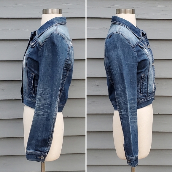 Vintage 90s y2k Mudd Brats Blue Jean Distressed Faded Denim Trucker Jacket Md - Picture 6 of 7